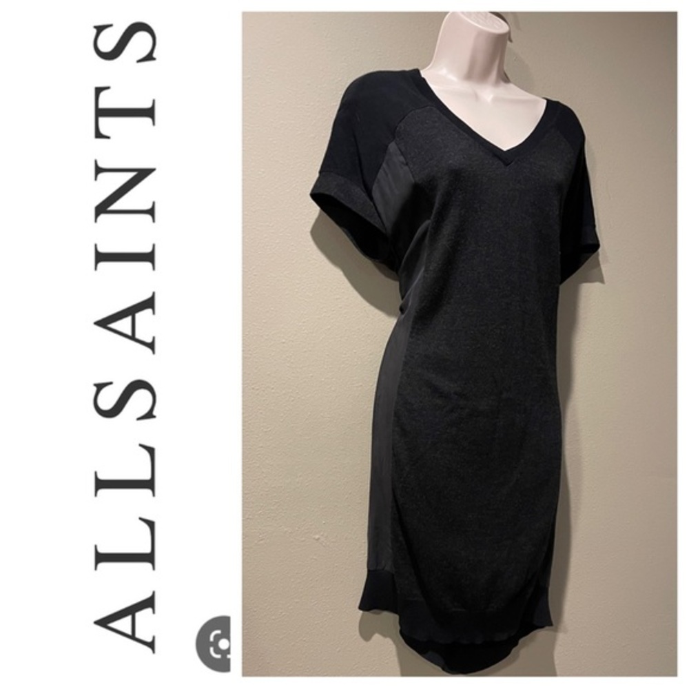 100% wool and silk: All Saints Black V-Neck Short Sleeve Shift Dress